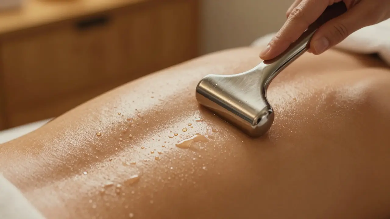 Steel IASTM tool gliding on oiled shoulder skin