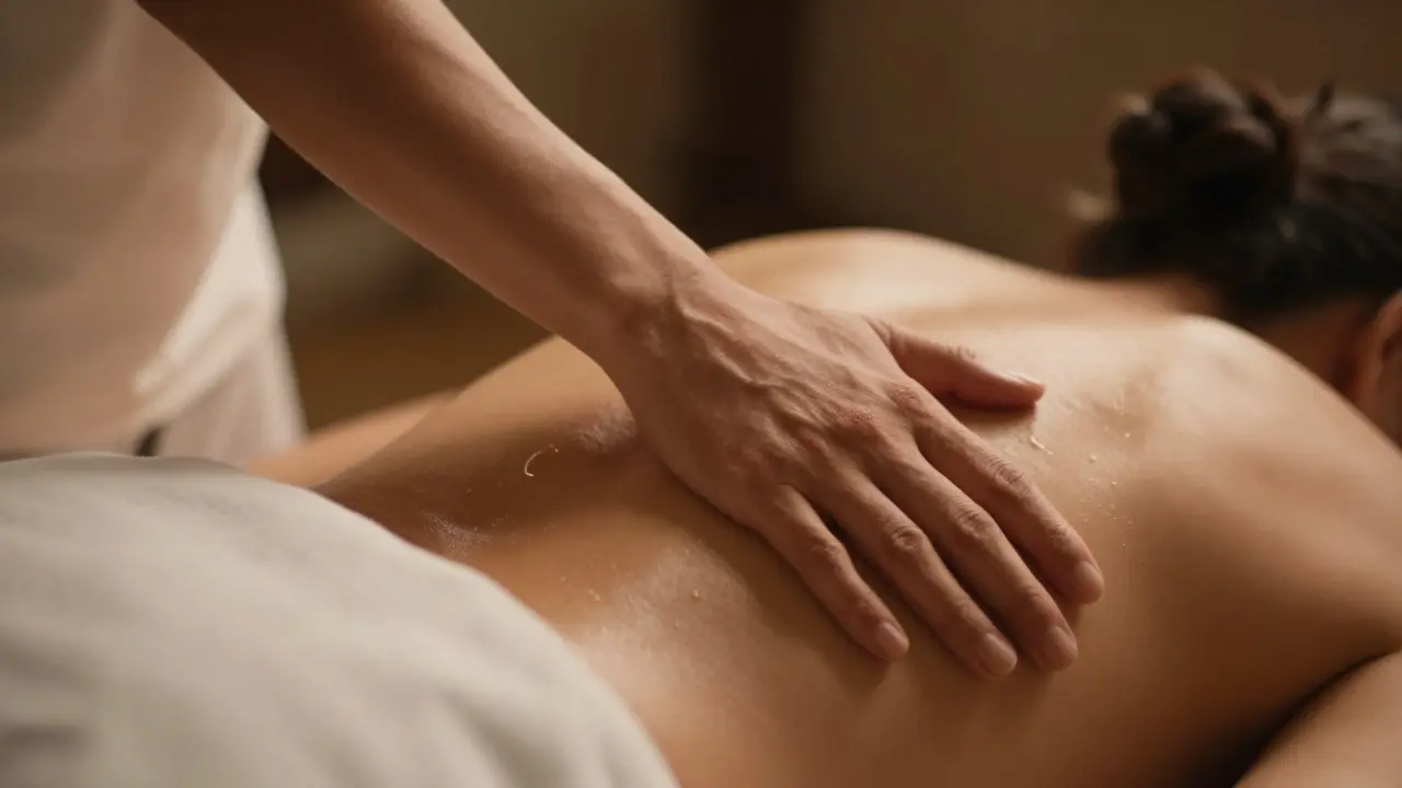 Therapist's forearm gliding smoothly over a client's back in a massage