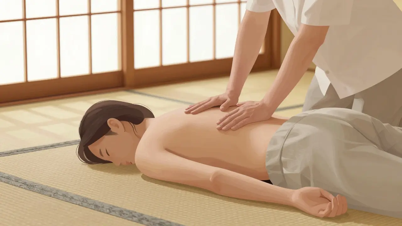 Therapist applying pressure to client on tatami mat in minimalist Japanese room