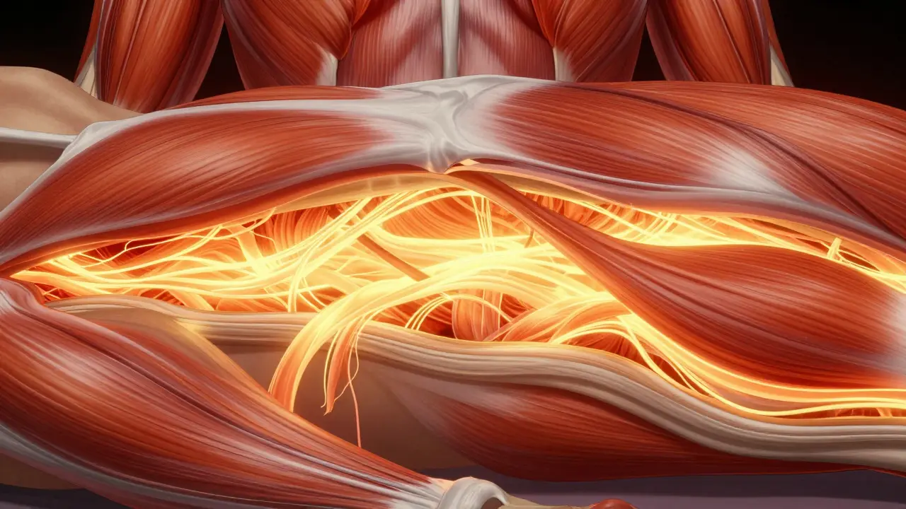Abstract illustration of heat relaxing fascia and improving blood flow