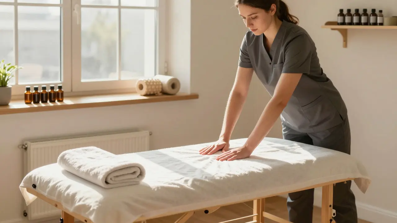 Clean, professional sports massage clinic interior with sunlight