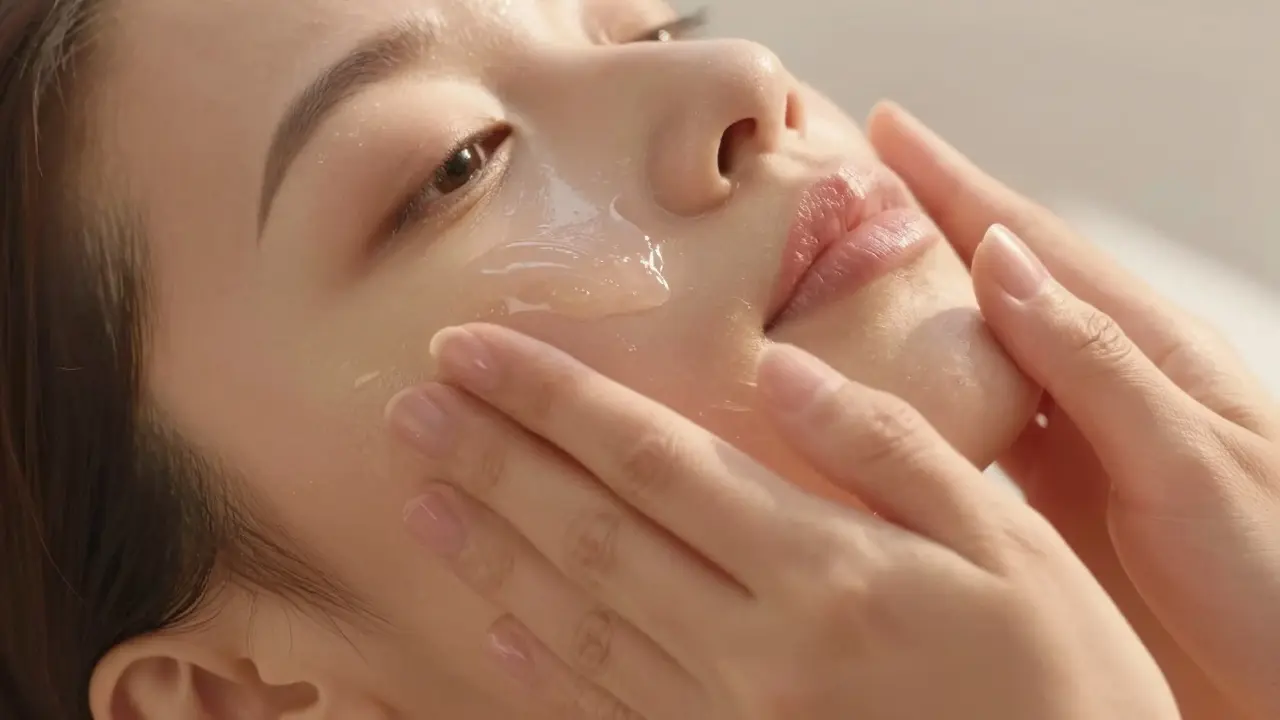 Close-up of hands massaging glowing face with clear serum in warm light