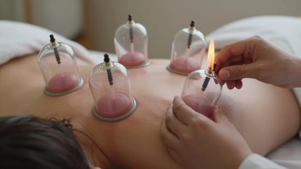 Glass cups suctioned onto back during fire cupping therapy session