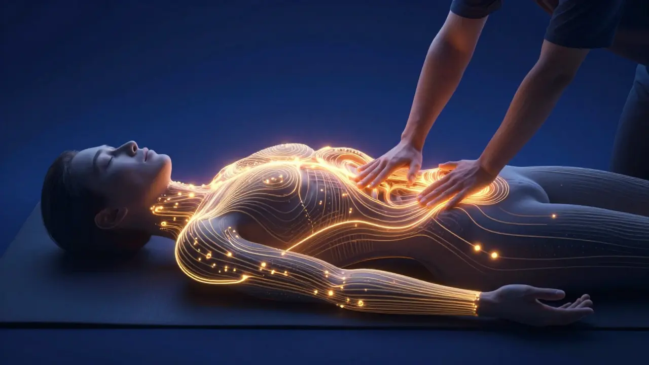 Illustration of energy Sen lines flowing through body