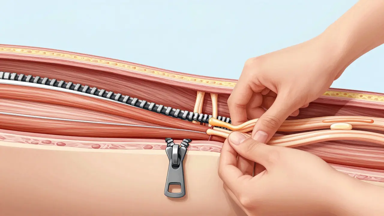 Illustration of muscle fibers being separated by massage therapy