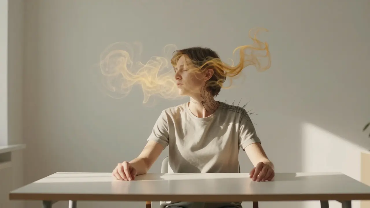 Person at desk with abstract mist showing stress tension releasing