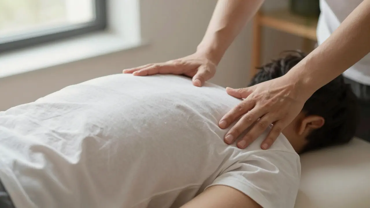 Practitioner's hand gently guiding a client's shoulder during therapy