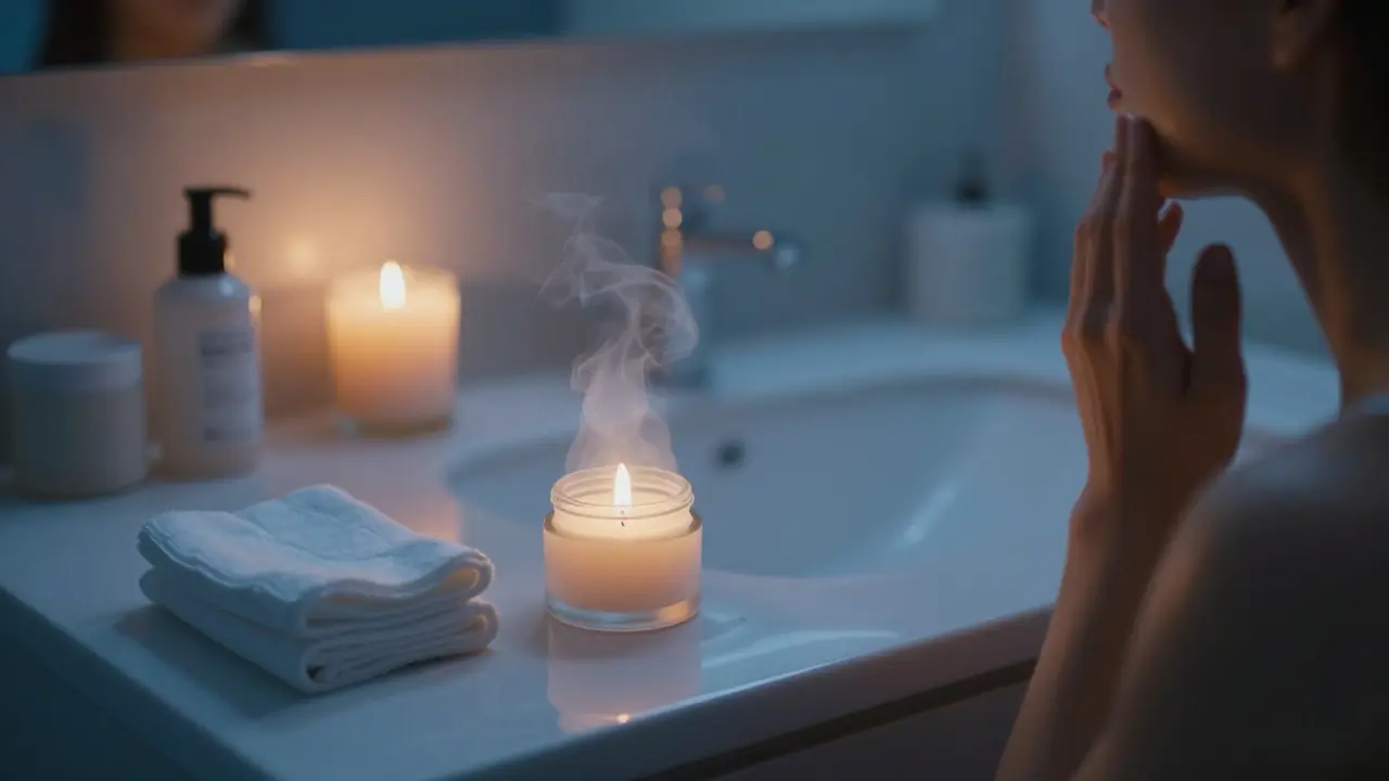 Serene evening bathroom vanity with skincare products and candlelight