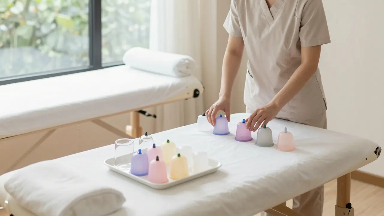 Therapist preparing silicone cups in a bright wellness clinic
