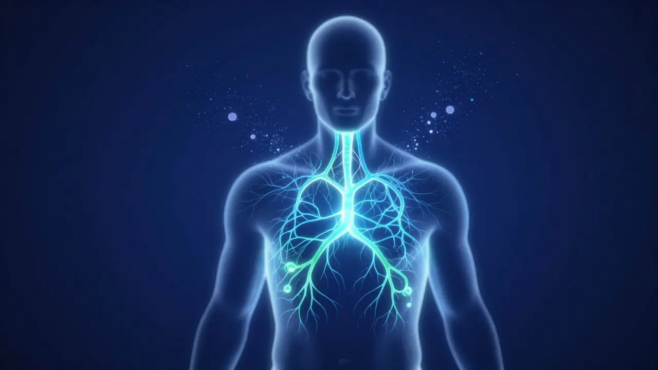 Abstract illustration of neural pathways calming within a glowing human silhouette