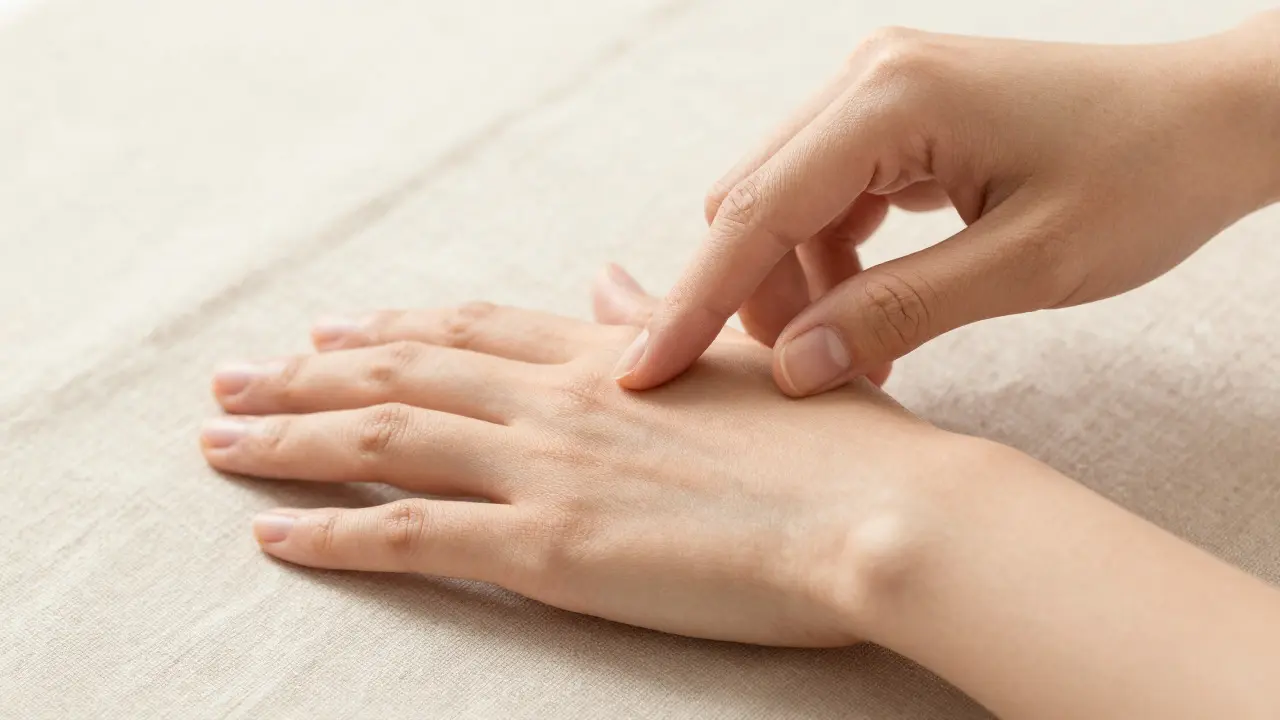 Close-up of hands gently tapping wrists for energy