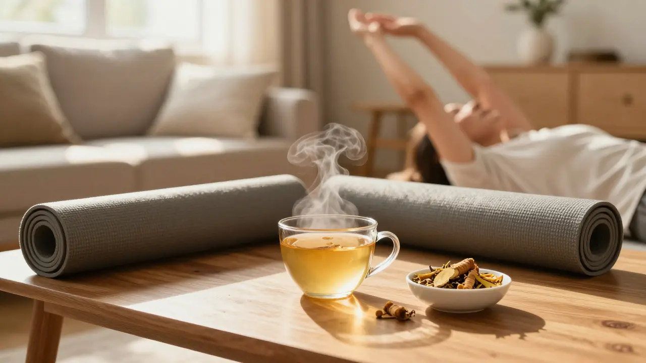 Cozy home wellness scene with tea, yoga mat, and stretching