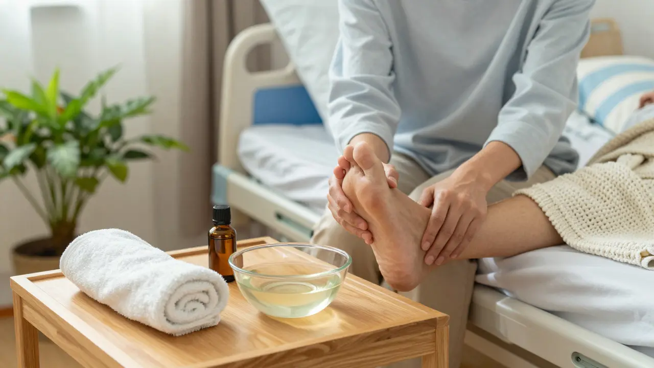 Family member providing gentle foot care to a loved one in a cozy home setting