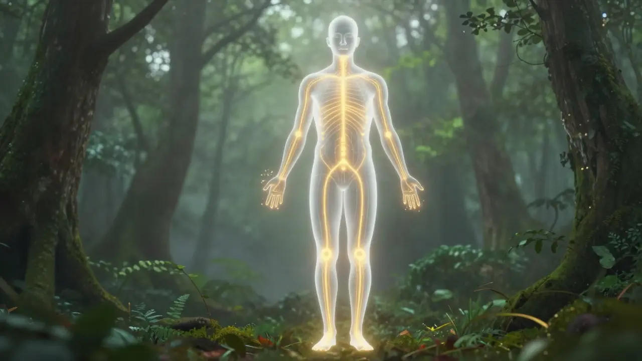 Glowing energy lines flowing through a human silhouette