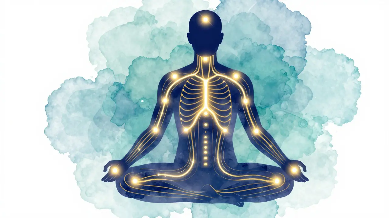 Illustration of glowing energy meridians flowing through a meditating human figure.