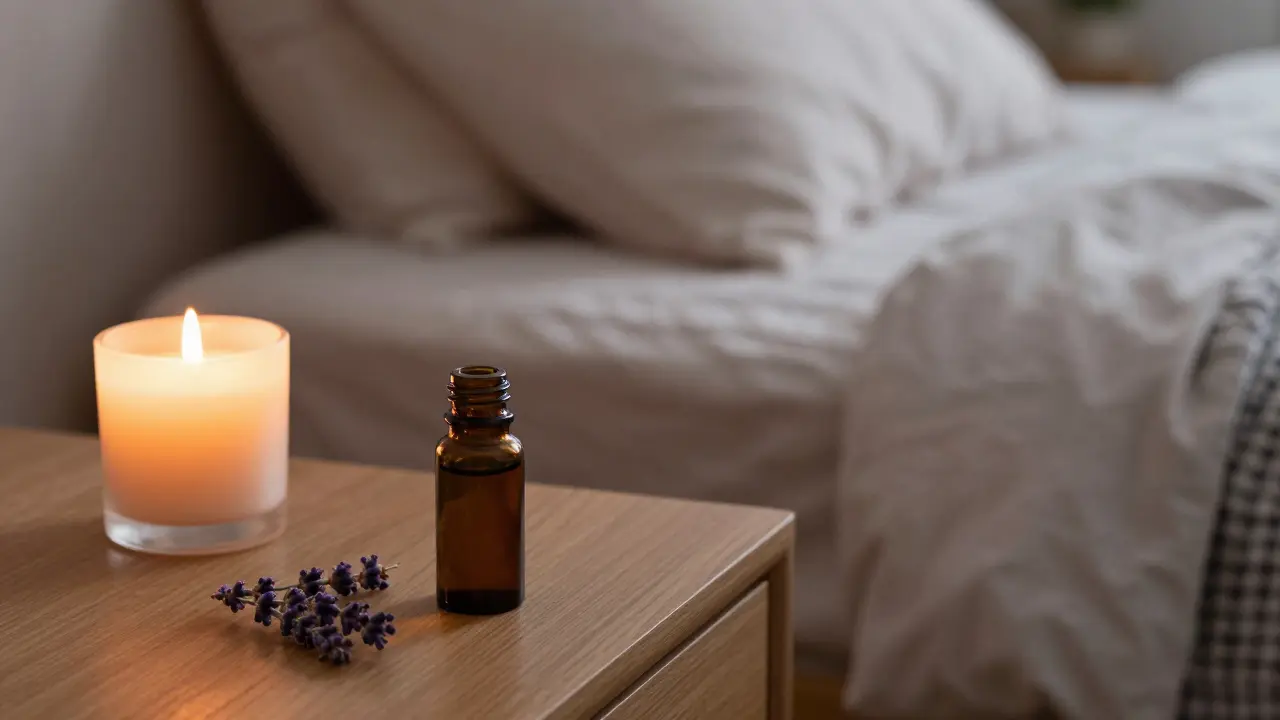 Lavender oil and candle on bedside table