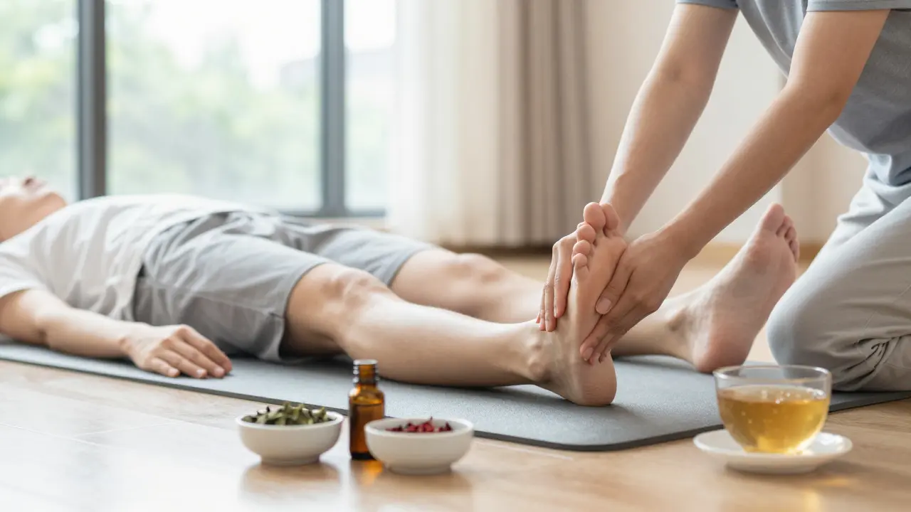 Person receiving foot acupressure in a bright, calm wellness studio setting.