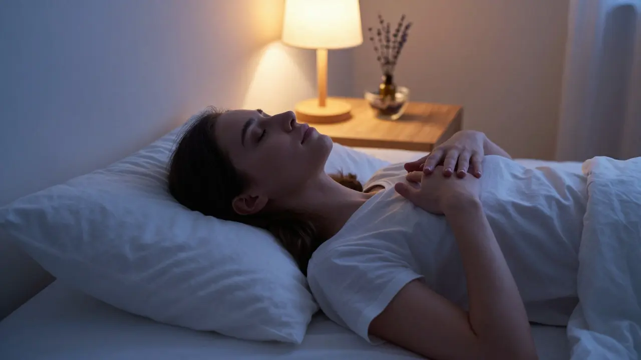 Person relaxing in bed practicing calming acupressure