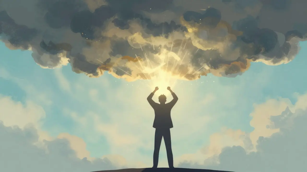 Silhouette releasing dark clouds into golden light, symbolizing emotional and physical tension relief.