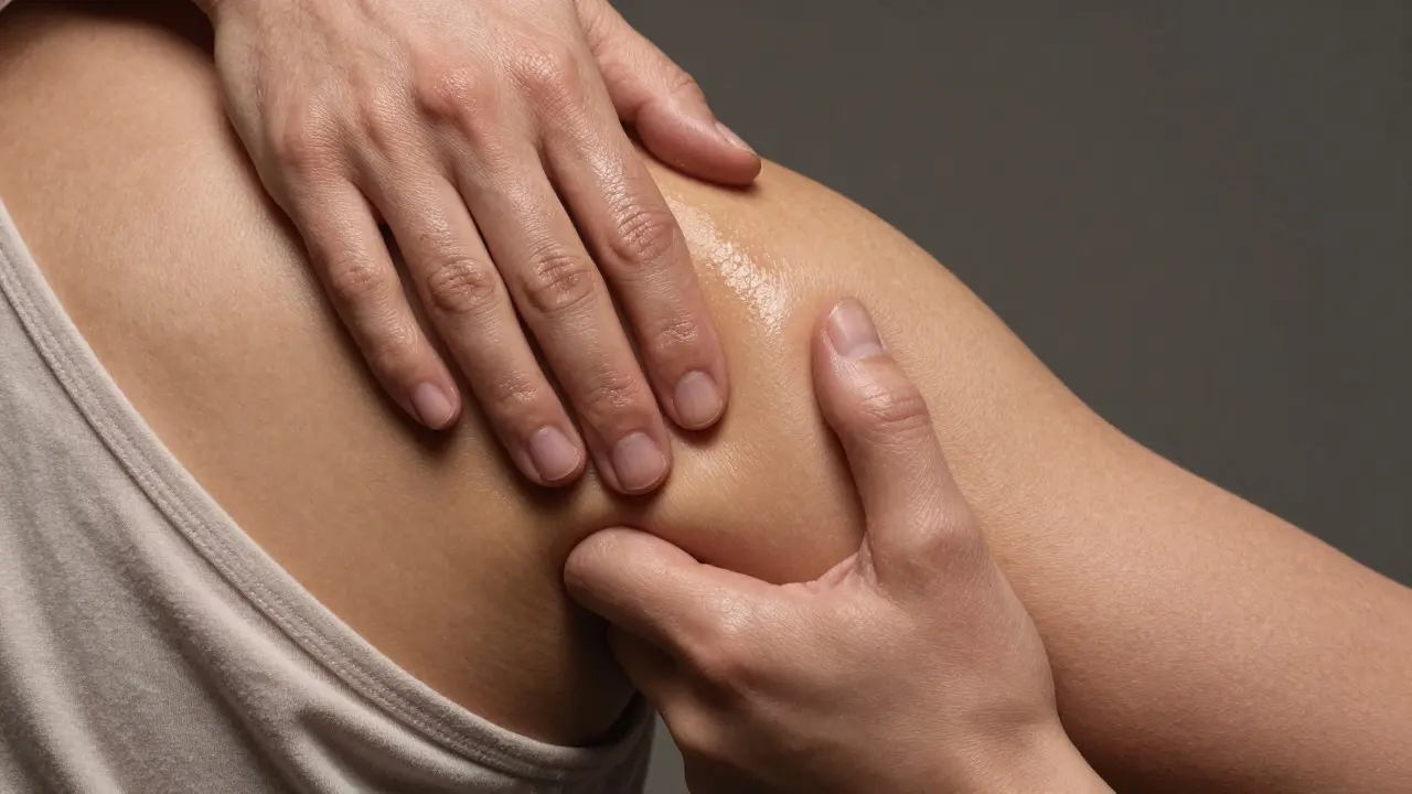 Close-up of hands applying broad oil glides versus pinpoint pressure on muscles