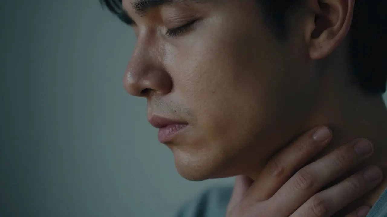 Close-up of person breathing deeply, releasing tension from throat and chest.