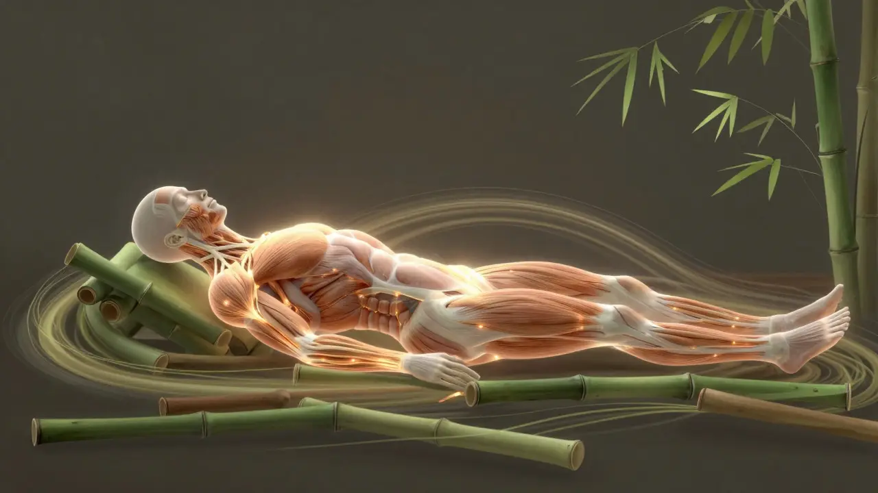 Conceptual illustration of glowing energy flowing through a human body, representing improved circulation