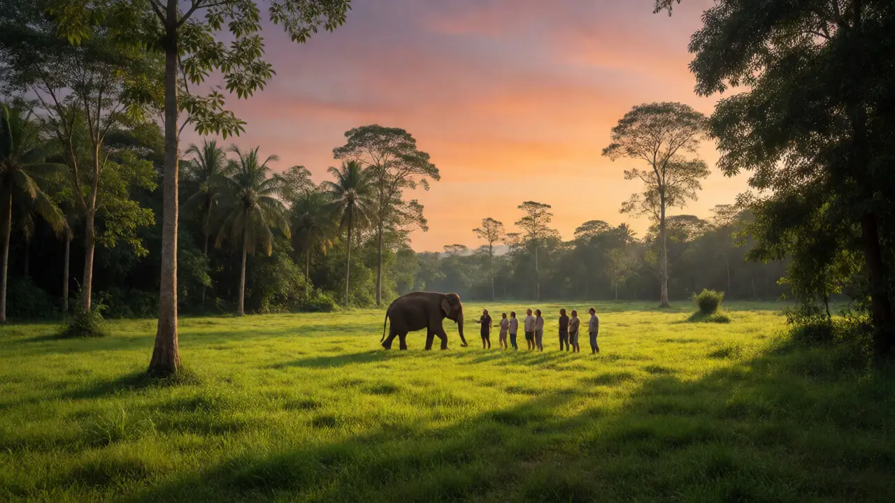 Elephant walking freely in a lush sanctuary as tourists observe respectfully.