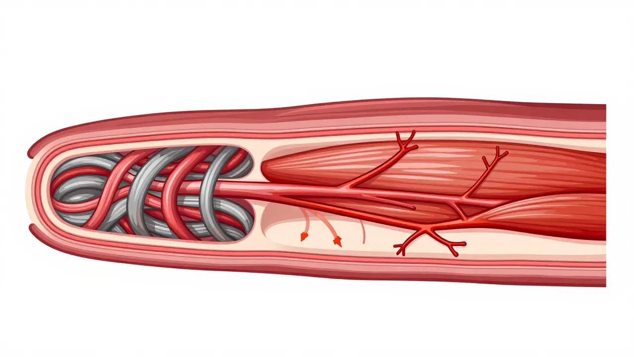 Illustration comparing tangled scar tissue to healthy muscle fibers