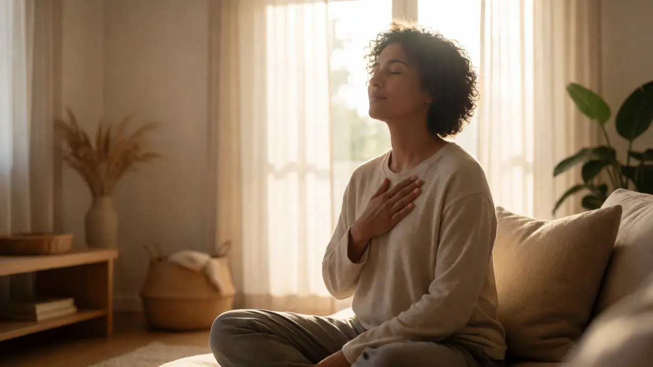 Person meditating peacefully in sunlight after a relaxing Breema therapy session