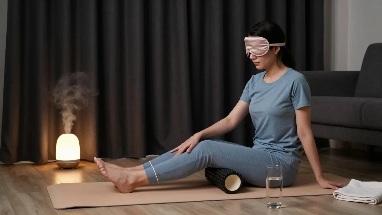 Person performing a self-massage with a foam roller in a dark, cozy home environment