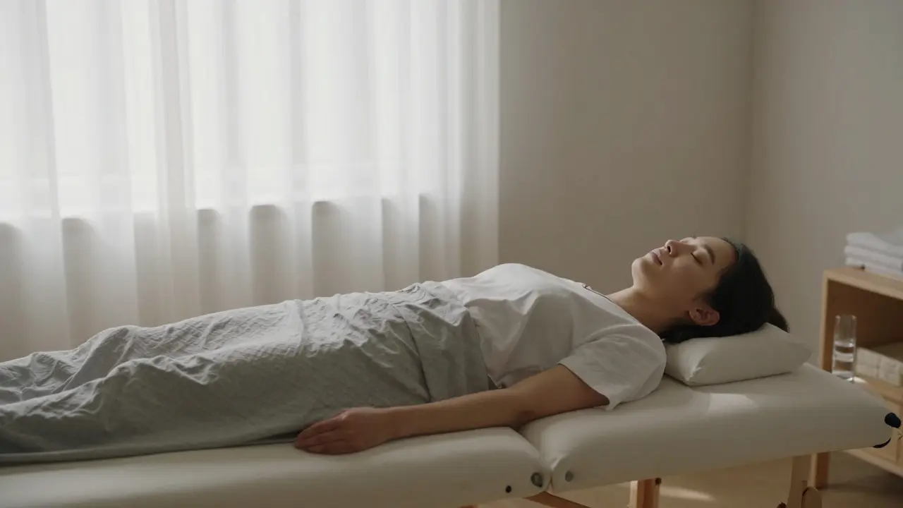 Person resting peacefully on a massage table after a craniosacral therapy session