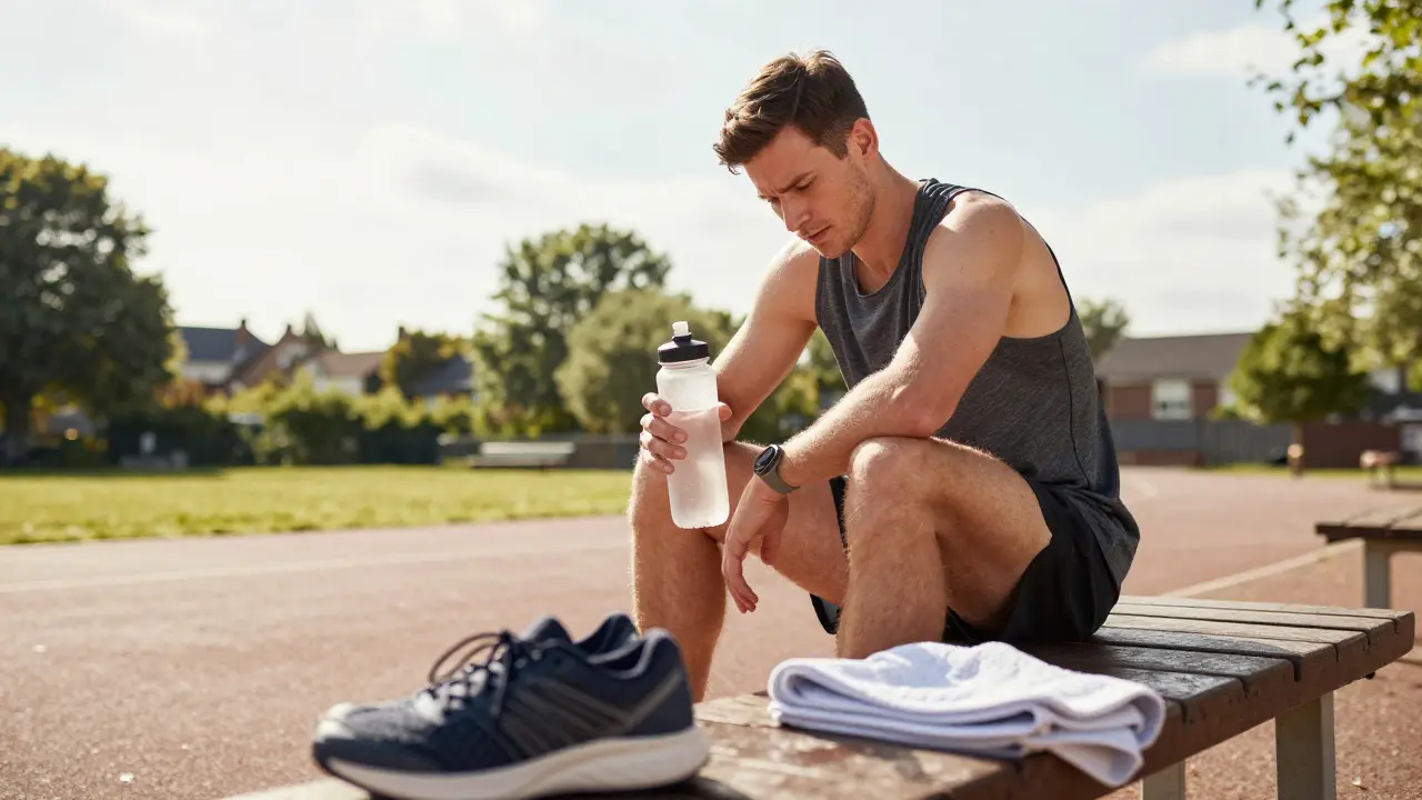 Runner hydrating on a bench during active recovery