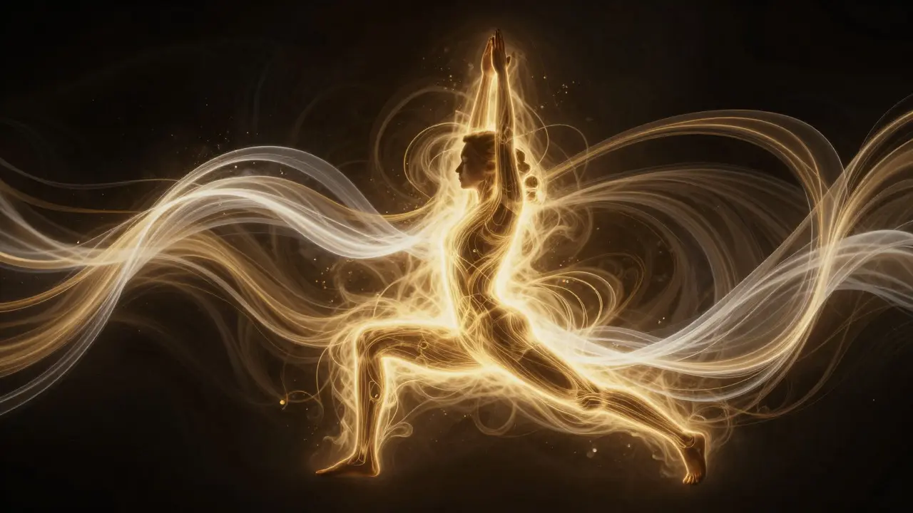 Silhouette with flowing golden energy, representing vitality and release.