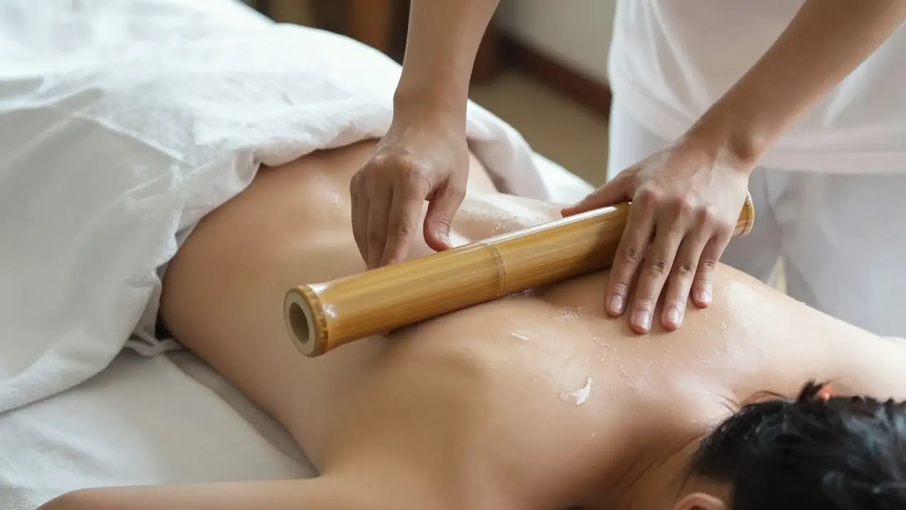 Therapist's hands rolling warm bamboo rods across a client's oiled shoulders during a massage