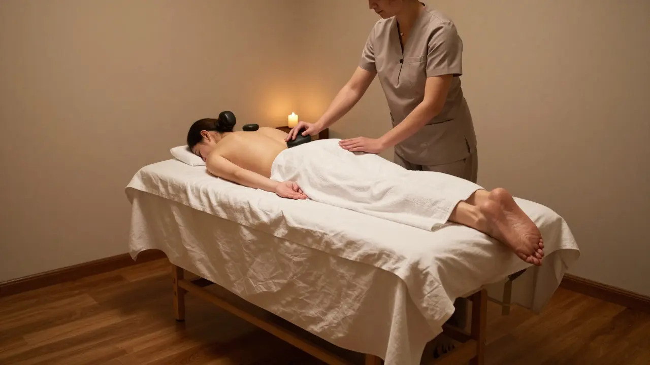 Therapist placing hot stone on client in spa room