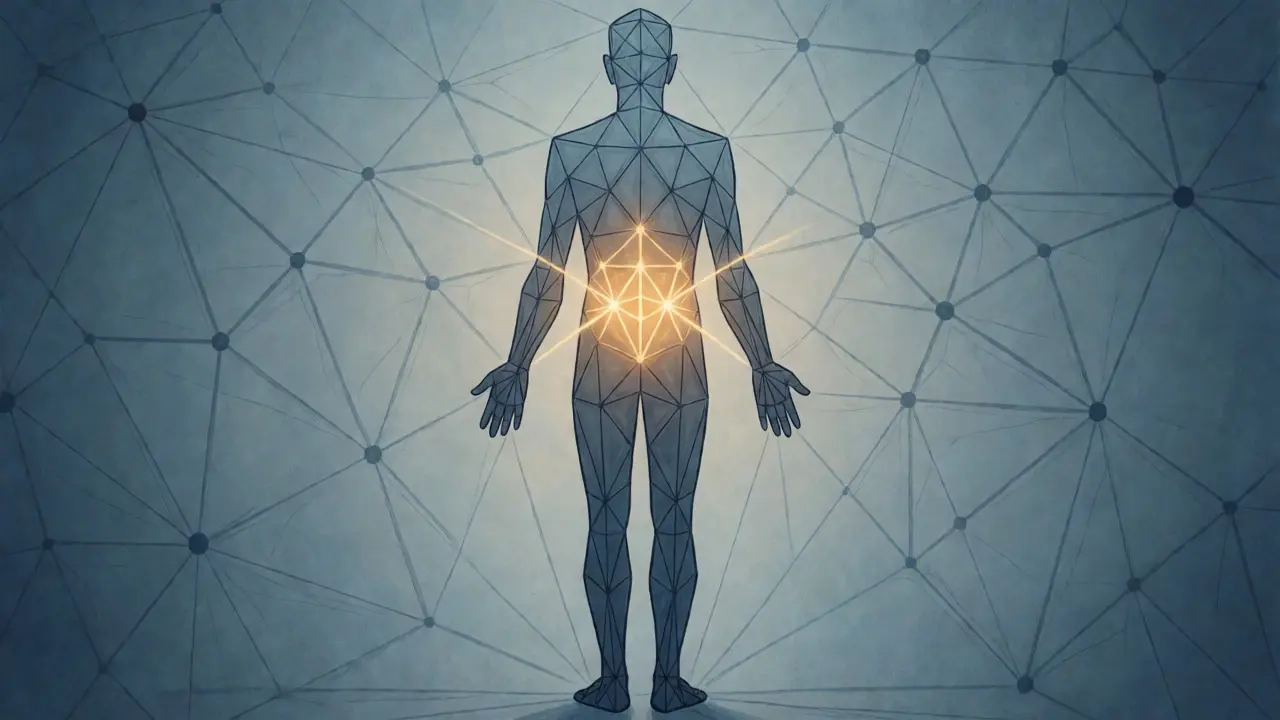 Artistic visualization of fascial web releasing tension in the body