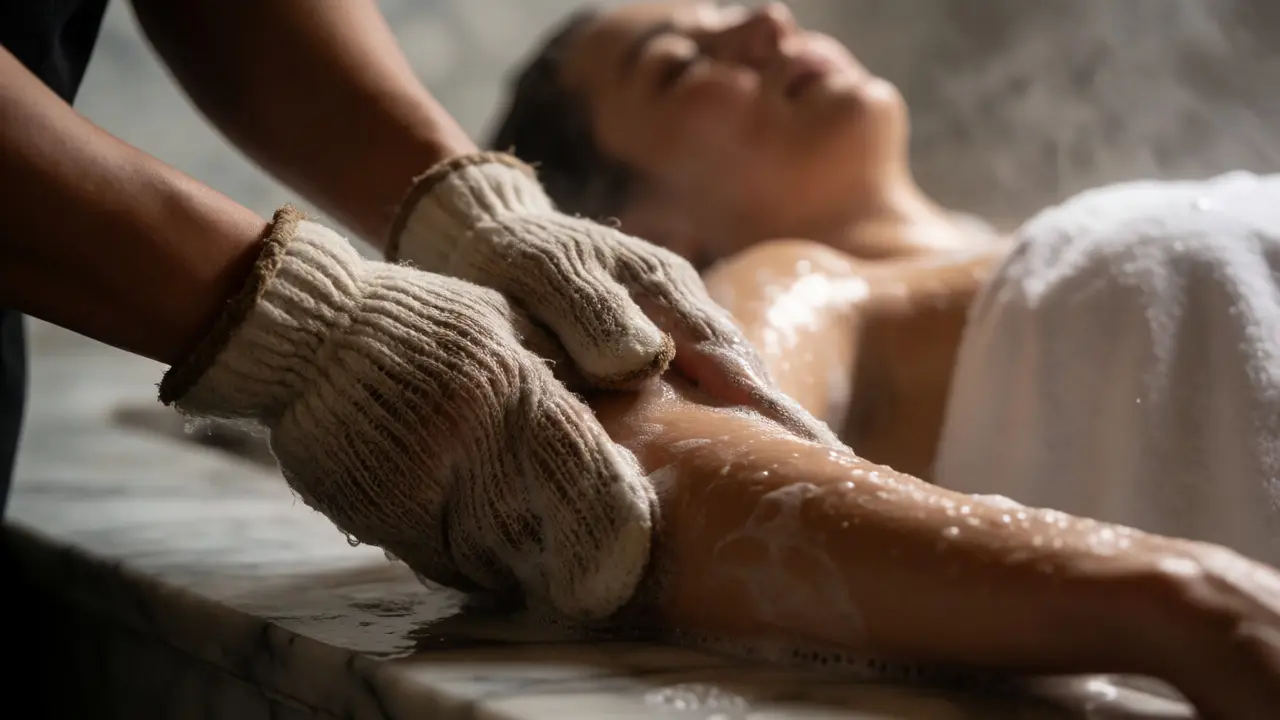 Attendant performing Kese exfoliation scrub on a bather's arm