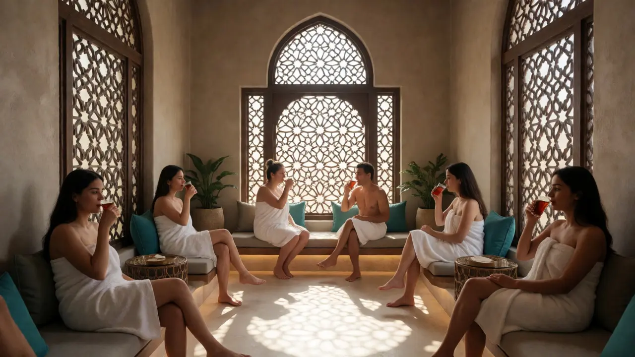 Relaxed guests drinking tea in a hammam cool-down lounge